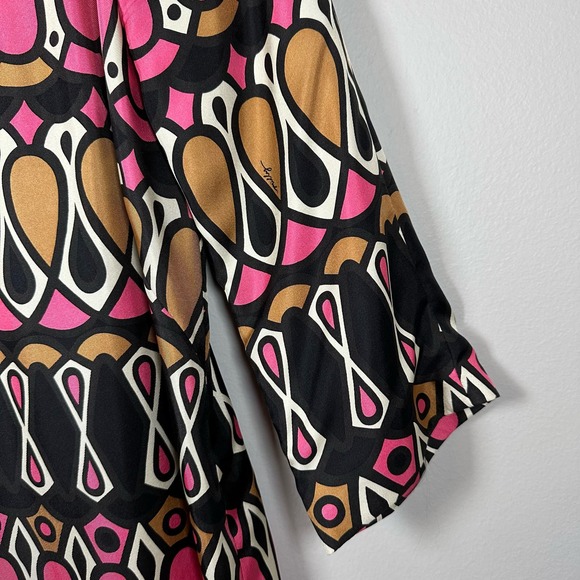 Milly of New York Size 4 100% Silk Black Pink Tan Beaded 3/4 Sleeve Dress - Picture 4 of 6